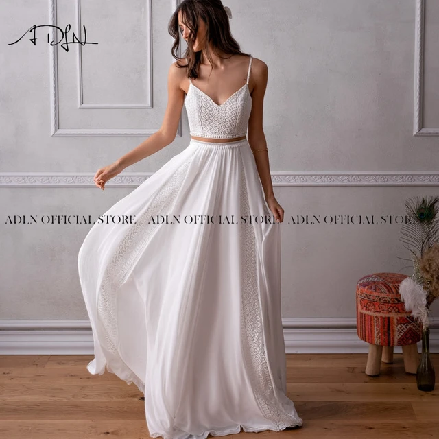 Charming Two Pieces Boho Wedding Dresses Spaghetti Straps White/Ivory Chiffon Beach Bridal Gown 2022 Robe de Mariee 1