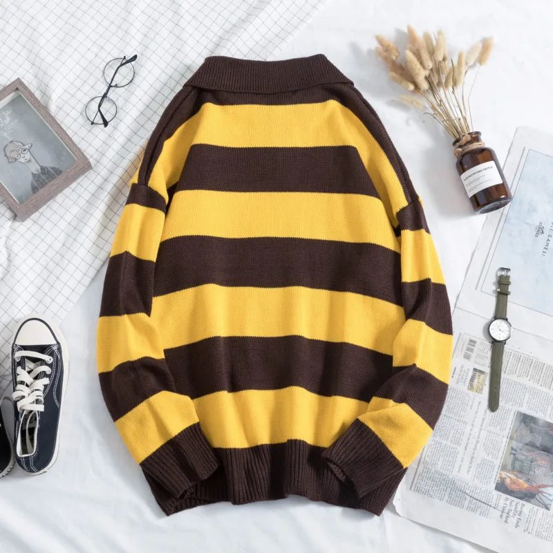Winter Polo Sweater Men Warm Fashion Contrast Color Casual Striped Sweter Knit Clothes Sweater Man Loose Long-sleeved Pullover