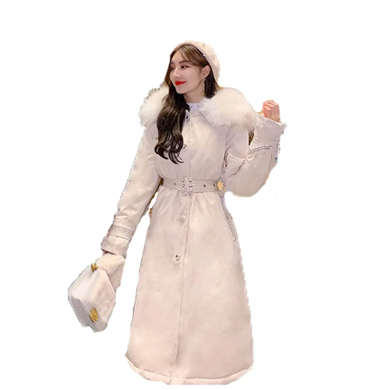 

Women's Cotton Coat 2021 Winter New Style Belt Slim Fashion Rhinestone Button Hooded Collar Temperament Black Parka Jacket N1216