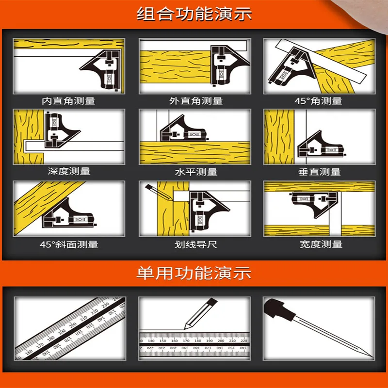 3in1 Combination Square Set 300mm Angle Ruler 180 Degree Protractor Angle Finder Spirit Level Angle Ruler Measuring Tools Set