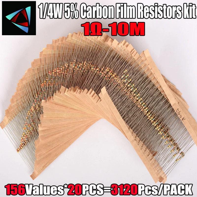 Carbon Film Resistors Assortment Kit 3120pcs 156 Values 1-10M Ohm 1/4W 5%
