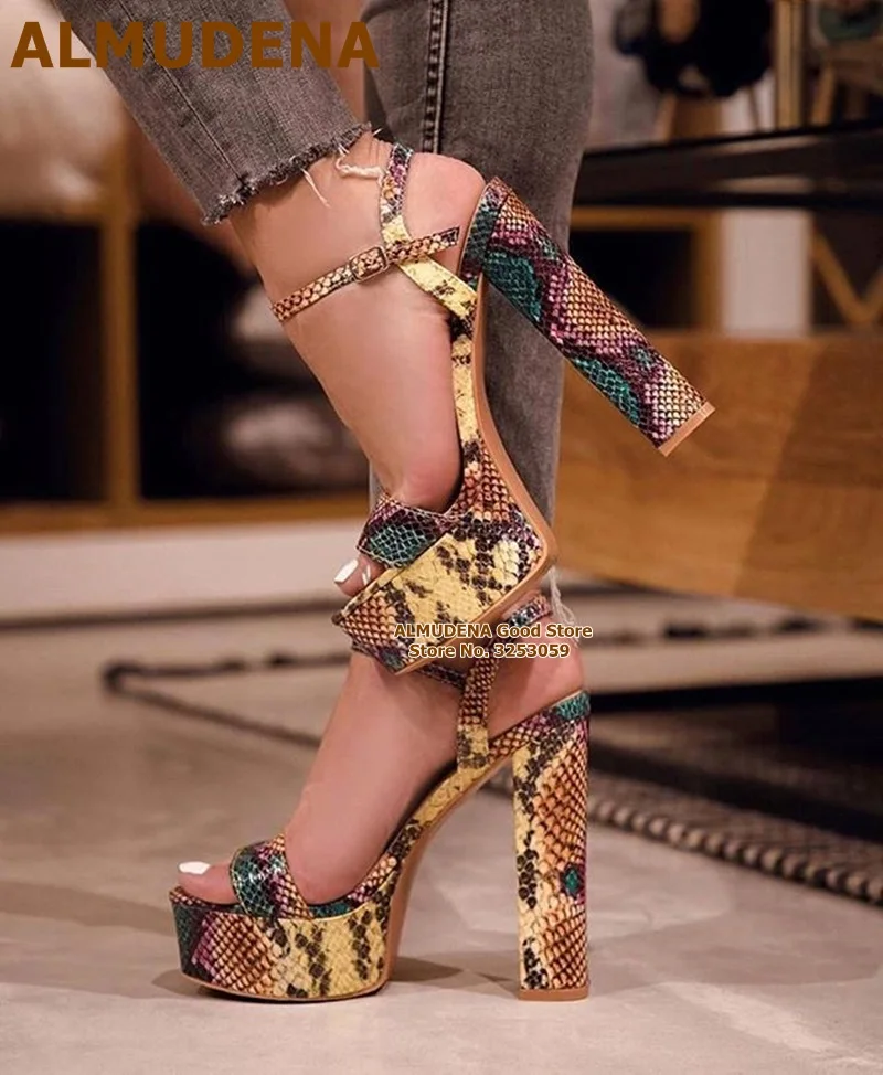 

ALMUDENA Women Sexy Multi Snakeskin Chunky Heel Sandals Platform Colorful Python Buckle Strap Dress Shoes Size47 Evening Pumps