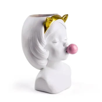 

[TML] Creative Resin Vase Cute Girl Bubble Gum Decoration Home Living Room Dining Table Decorative Art Portrait Gold Vase gift
