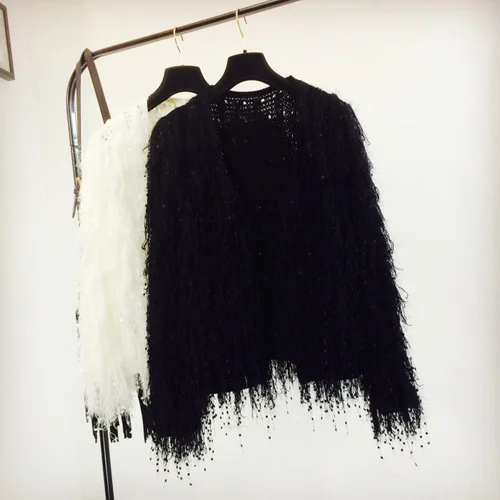 Черный Korean version of the early spring new loose tassel sweater wool fur coat cardigan sweater shirt women's tide - Цвет: Черный