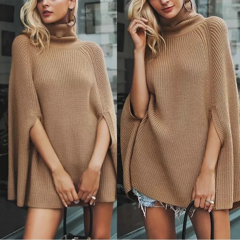 

Women Retro Turtleneck Long Pullovers Autumn Winter Loose Solid Sweaters Thick Knitting Jumper Pull Cloak Sweater Shawl Sweater