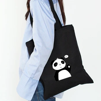 

Japanese Korean Cute Panda Print Simple Women Package Canvas Bag Handbags Shoulder Bags Casual Shopping Tote Girls Handbag Black