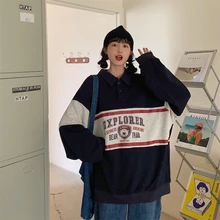 

2021 Autumn Vintage Polo Collar Print Bear Hoodie Top Long Sleeve Teens Oversized Hoodies Trendy Loose Harajuku Women Sweatshirt