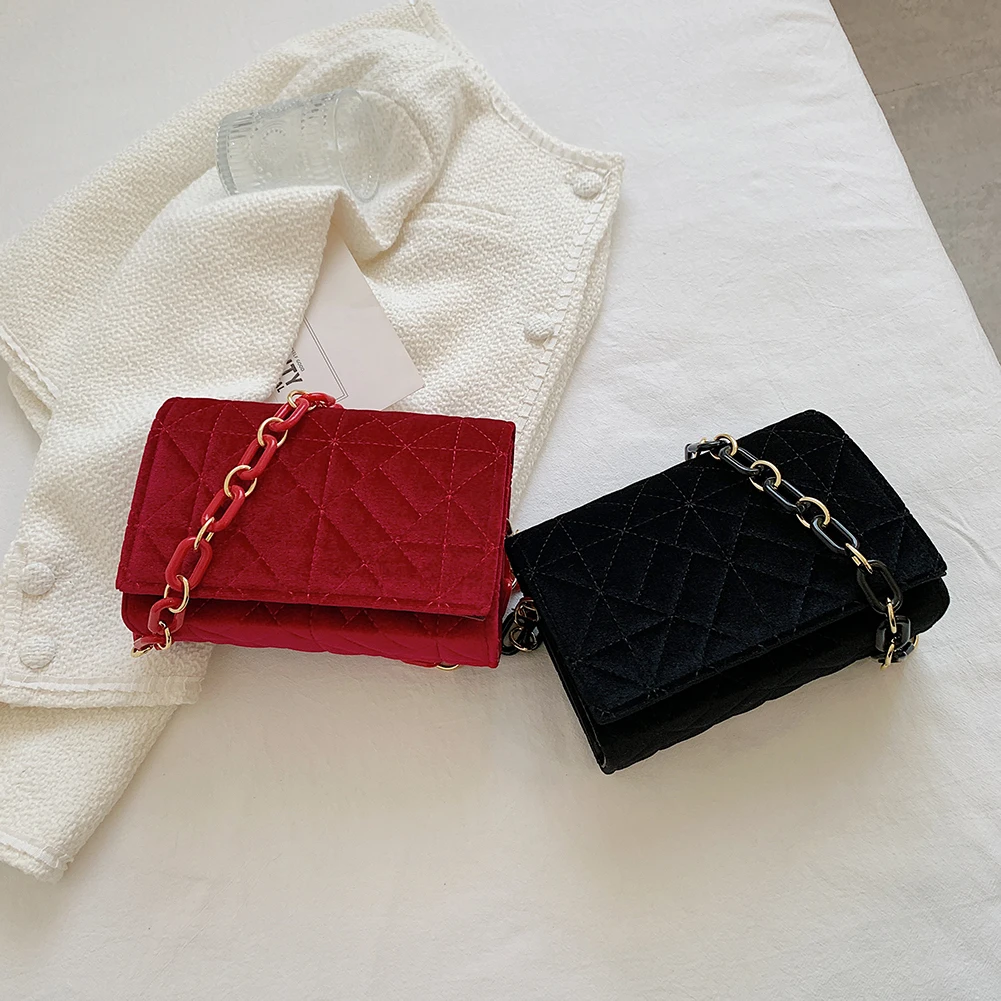 Hf3f7e725662f40cf98173df5e23e024dq Women Velvet Chain Flap Shoulder Bag Lady Thread Quilted Luxury Lattice Snap Thick ChainTrending Handbag Solid Color Clutch Bags
