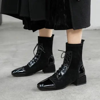 

Elegant Women Square Toe Ankle Boots Warm Genuine Leather Female Chelsea Short Boots Office Party Basic Shoes Woman