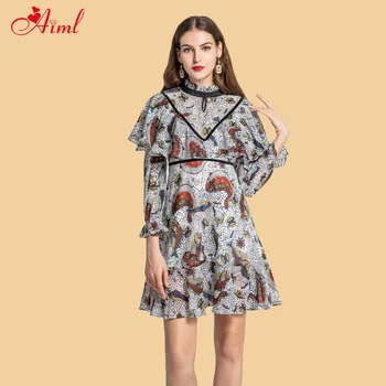 

Female Designer 2020 Spring Summer vintage Print Fake two Stand collar Wrist Sleeve Ruffles Mini Dress Female Boho Dresses New