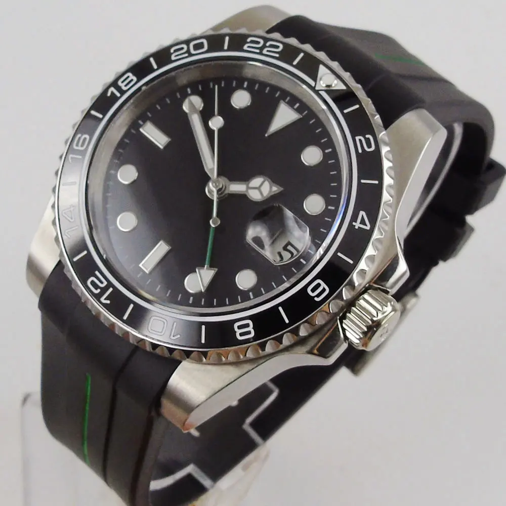 

PARNIS Brand Automatic Wristwatch Male Sapphire Glass GMT Hand Rotating Bezel Rubber Band