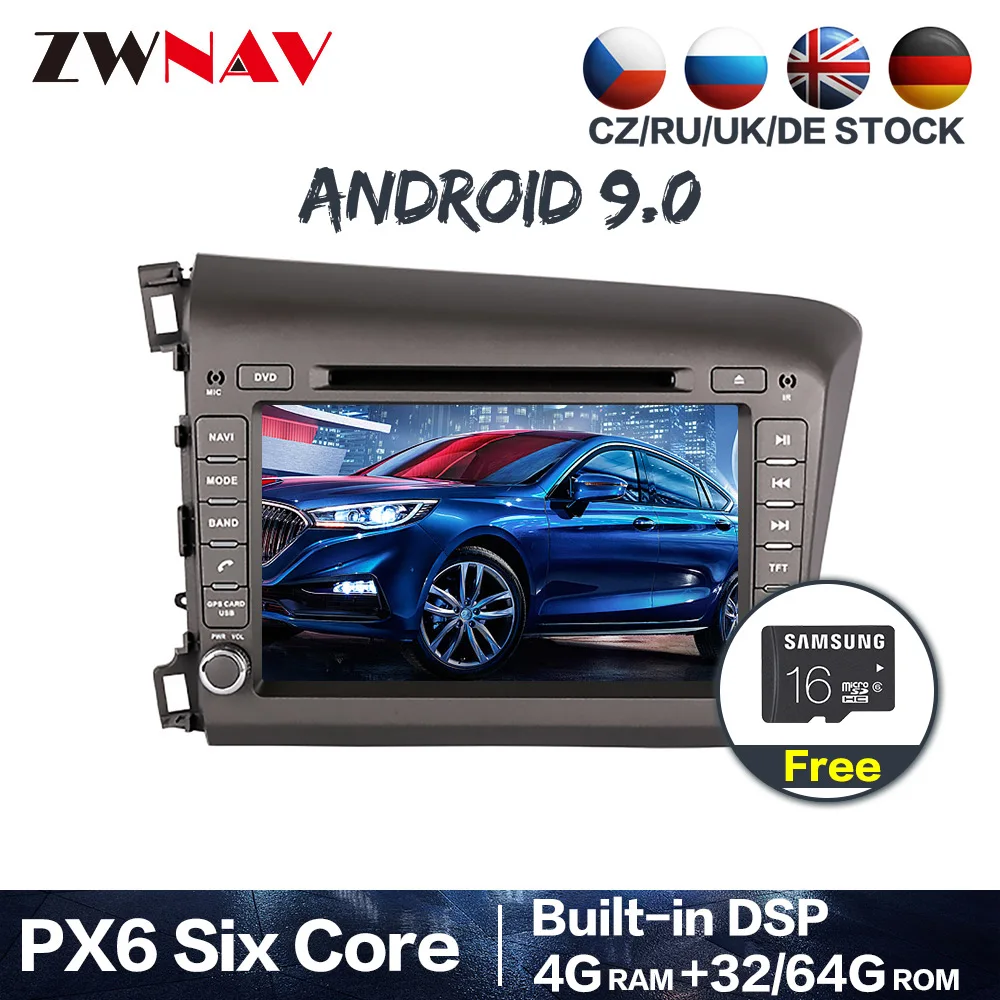 PX6 4+ 64 Android 9,0 автомобильный DVD стерео Мультимедиа для Honda Civic 2013- радио gps Navi Аудио Видео Стерео головное устройство карта БТ