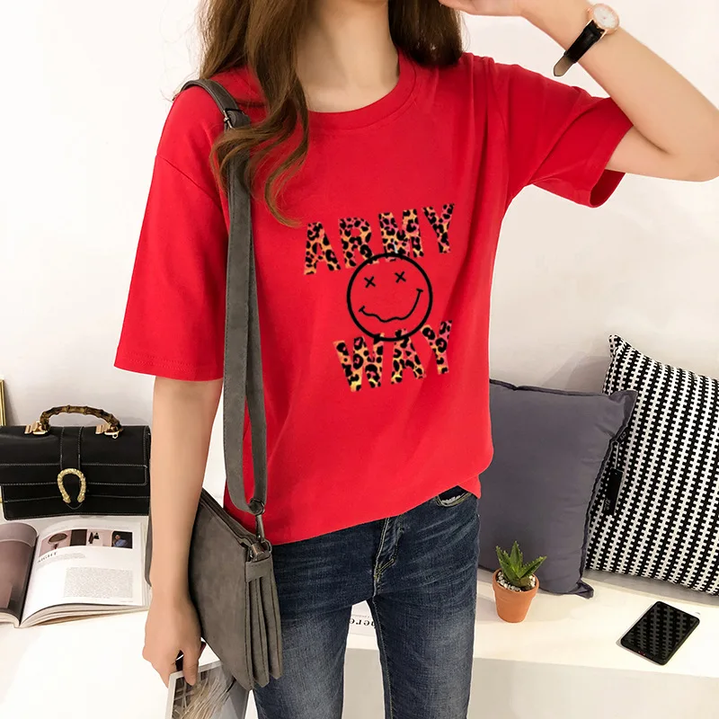  2019 Summer New Style Korean-style Hipster Leopord Pattern Smiley Printed Loose-Fit Slimming Studen