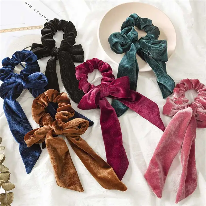 Velvet Ribbon Pleated Tie Elastic Hair Band Hair Headband Hair Accessories Women Solid Color Big Bow Girl Hair Band Bow Ornament