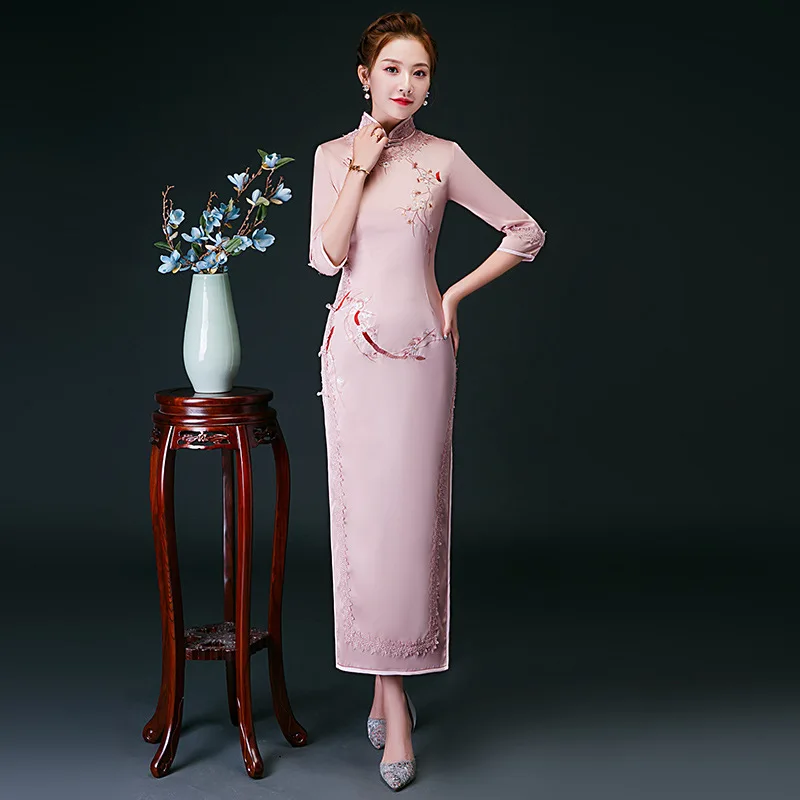 Бесплатная доставка Модное Длинное платье с коротким рукавом Qipao Платье Винтажный китайский стиль cheongsam платье китайское платье плюс