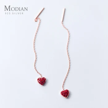 

Modian Long Tassel Real Crystal Hearts Lover Dangle Ear Claasic Fashion Real 925 Sterling Silver Drop Earrings For Women Jewelry