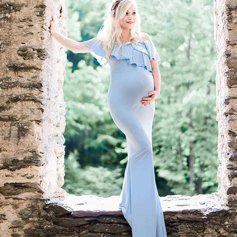 Vestido largo de para mujer embarazada, maxivestido de maternidad con volantes hombros descubiertos, para sesión de fotos embarazo Baby Shower - AliExpress