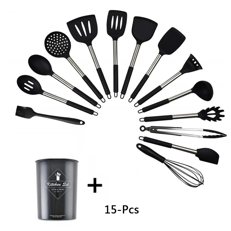 15 Pcs Kitchen set 9 To 15Pcs Kitchen Utensil Set Premium Silicone Stainless Steel Cooking Utensils Non-stick Spatula Heat Resistant Cooking Tools - Цвет: 15 Pcs Kitchen set