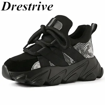 

Drestrive Women's Sneakers 2020 Spring Lace Up fashion Flat Heel Girls Casual Shoes Sports Real Leather Round Toe Black Platform