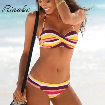 

Rinabe Push Up Bikini Stripe Swimsuit Female Black Biquini Print Swimwear Bandeau Bikini Set Bathing Suit Women Bikinis Summer
