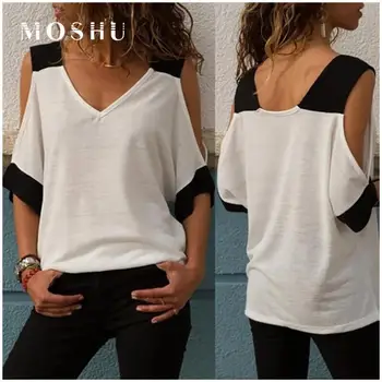 

2020 Summer Tshirt Women Casual Short Sleeve Tops Tees Sexy Hollow Out Patchwork Print T-Shirt V-neck Loose 5XL Shirts Femme