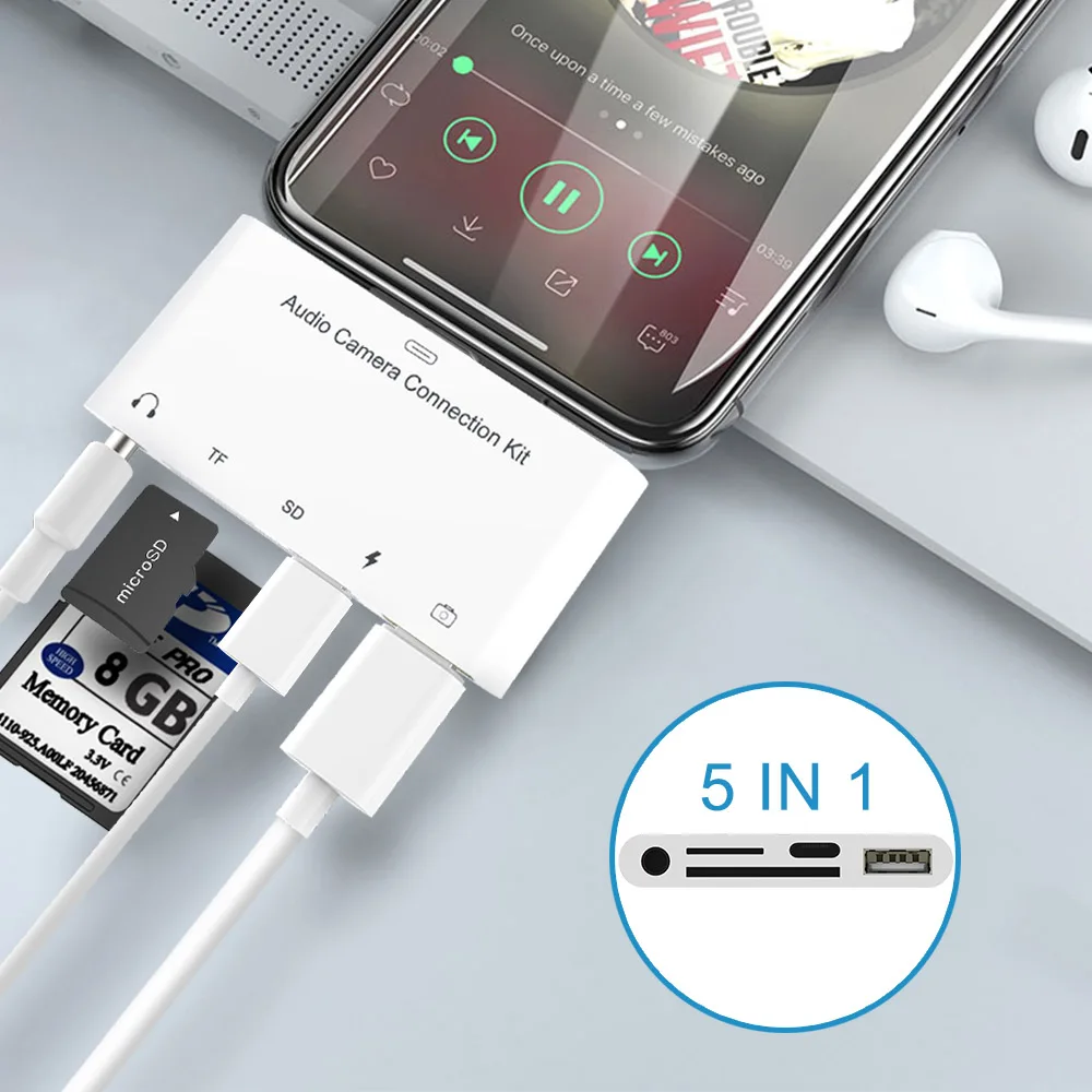 

USB SD TF Card Camera Lightning to 3.5mm For Apple iPad Card Reader 5 in 1 OTG Adapter Audio USB Support U Disk Mouse Keyboard
