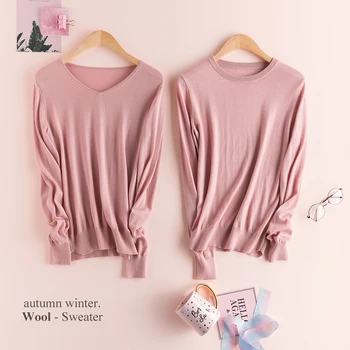 

Worsted Basolan Australia Wool Sweaters Women Roundneck 100% Wool Pullover Autumn Winter Sup-Sotf V-neck Basic Jumper Base shirt