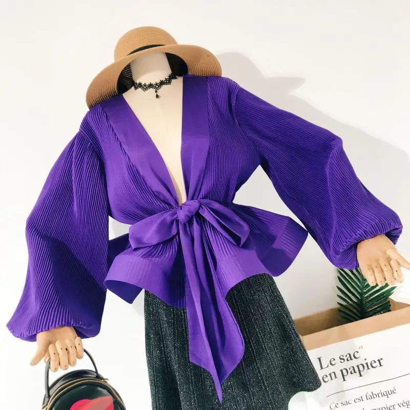 

2019 Women Autumn New Korean Pleated Lantern Long Sleeves Elastic Waist Ruffle Chiffon Shirt Female V Neck Blouse Tops C591
