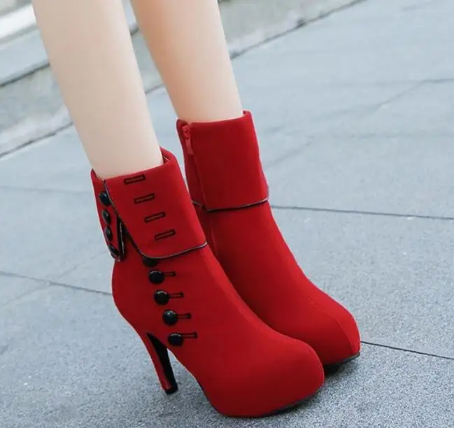 Winter new Button female Zippered round head boots high heel women's boots high heel shoes women comfortable wild fashion boots