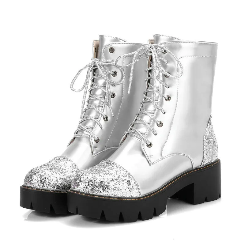 

Women Shoes Lacing Ankle Boots Fashion Sequined Pu Platform Boots Thick Low Heels Booties Autumn Winter Shoes Black Pink Silver