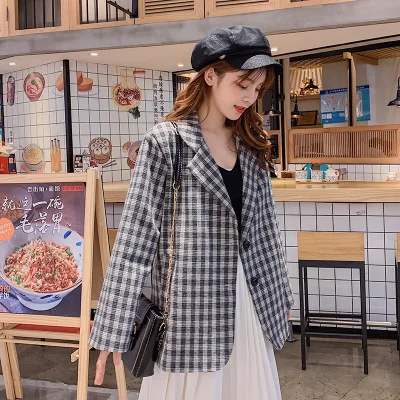 2020 Autumn Female Korean Retro Business Chic Suit Coat Plaid Office Lady Blazer Feminino Women Jacket Suit Grey Casual Clothes