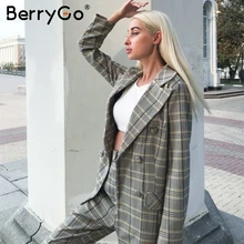 BerryGo офисный женский клетчатый Блейзер, комплект из двух предметов, двубортный женский Блейзер, брюки, костюмы, Повседневная Уличная одежда, женские брюки, набор