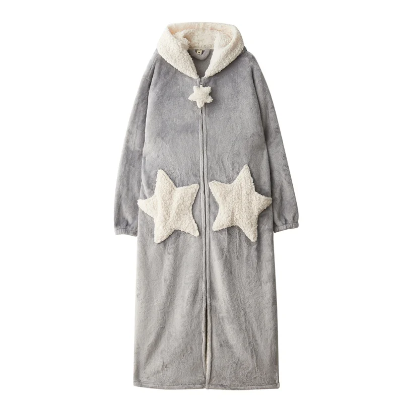 E Autumn And Winter Robe Plus Long Robe Coral Velvet Couple Nightgown Thickening Five-pointed Star Pocket Hooded Long Home Robe - Цвет: E