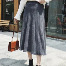 Осень Зима Длинная трикотажная юбка для женщин серебро люрекс блестящие высокая талия плиссированные юбки миди длина DA60