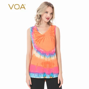 

VOA Summer New Orange Splash-Ink Printing V-neck Loose Simple Pullover Fashion All-match Strap T-shirt BI56