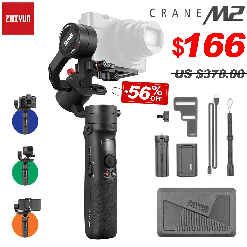ZHIYUN Crane M2 3-Axis Handheld Gimbals Stabilizer for Smartphones Compact Mirrorless Cameras & Action Cameras Maxload 500g