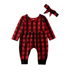 Dropshipping Xmas 0-18M Red Plaid Long Sleeve Romper Newborn Bay Girl Clothes Plaids Romper Overall Headband Toddler Baby Outfit