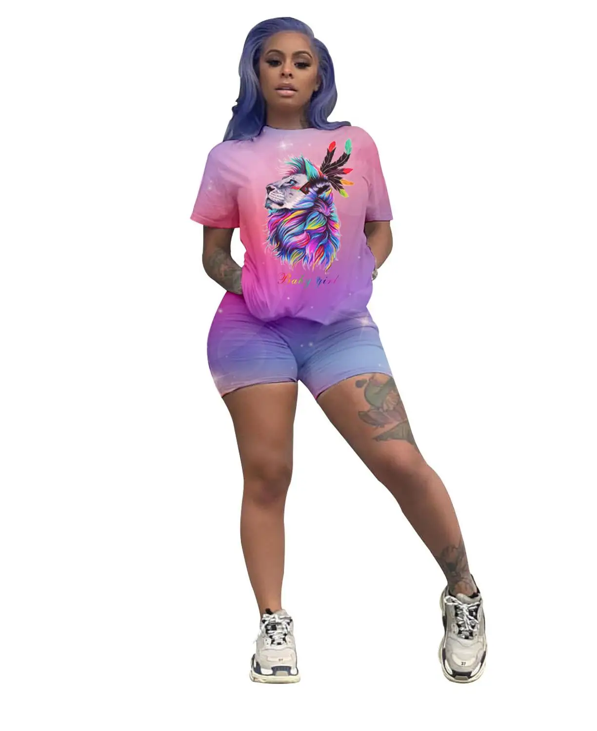 

Echoine Galaxy Animal Print Two Piece Set Shorts Set Summer Short Sleeve Jogging Female Colorful Sport Matching Set lounge wear