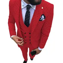 Мужские свадебные костюмы Красный v-образный вырез Зубчатый воротник Groomman смокинги 3 предмета костюмы для мужчин(Блейзер+ жилет+ брюки