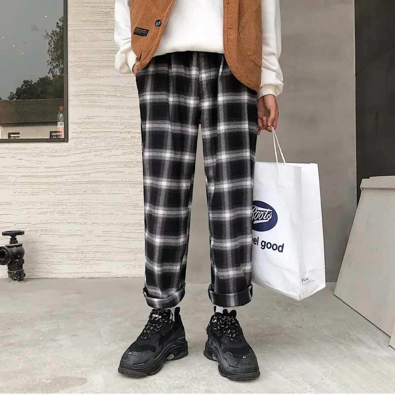 Harajuku клетчатые мужские брюки, Японская уличная одежда, повседневные свободные брюки, мужские весенние Ulzzang, мужские брюки-карго в стиле хип-хоп, Мужская Уличная одежда - Цвет: Black classics