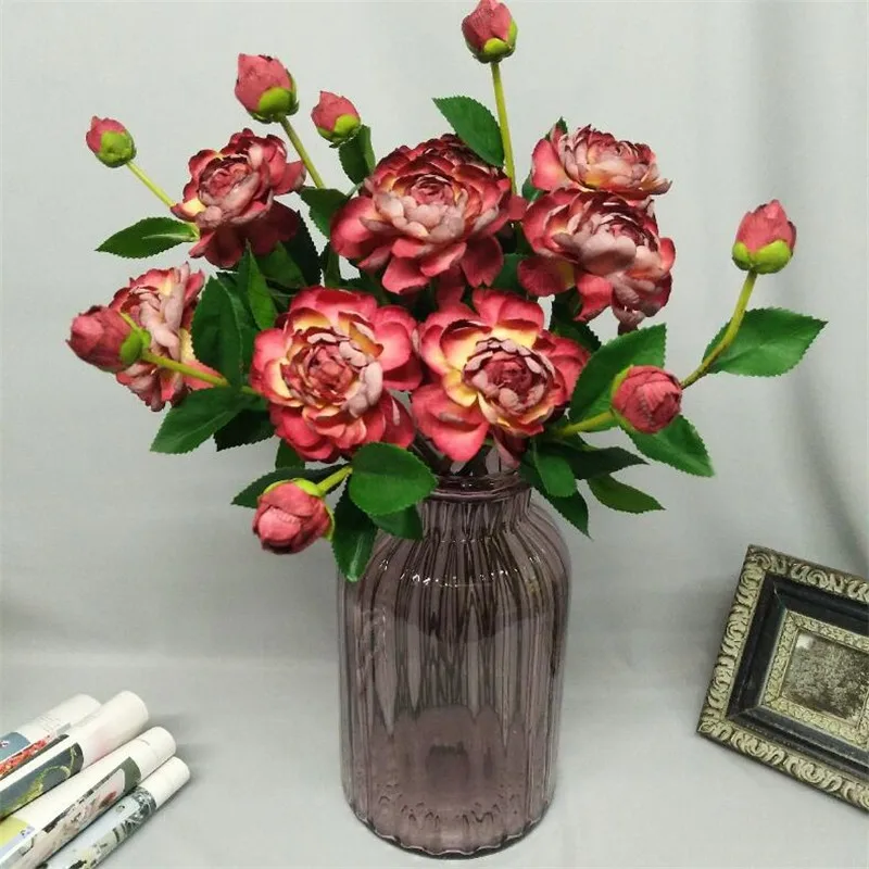 Artificial Camellia Flower Leaf Stem in Champagne Pink or Purple