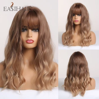 

EASIHAIR Brown to Blonde Ombre Synthetic Wave Wigs with Bangs Medium Length Wigs for Women Wavy Cosplay Hair Wigs Heat Resistant