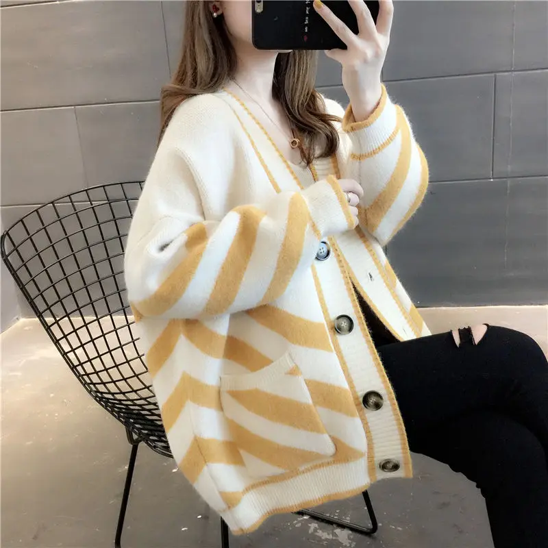Neploe полоса контрастного цвета негабаритный вязаный кардиган женский длинный рукав открытый стежок осень зима v-образный вырез свитер пальто 55341 - Цвет: yellow