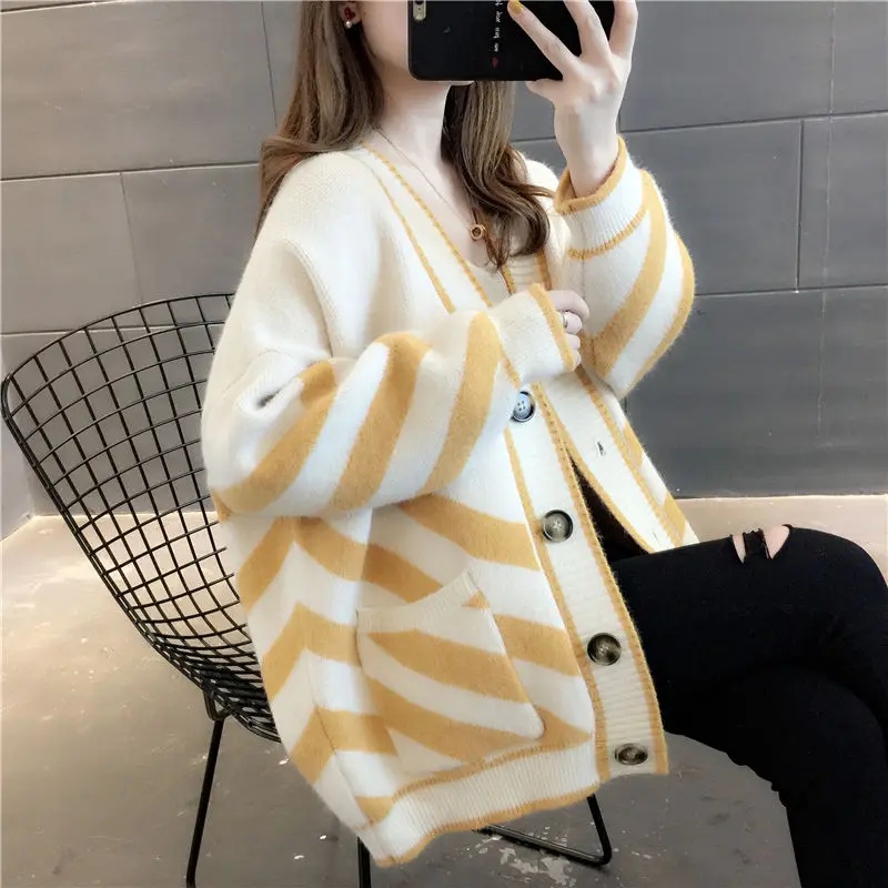 yellow Neploe полоса контрастного цвета негабаритный вязаный кардиган женский длинный рукав открытый стежок осень зима v-образный вырез свитер пальто 55341 - Цвет: yellow