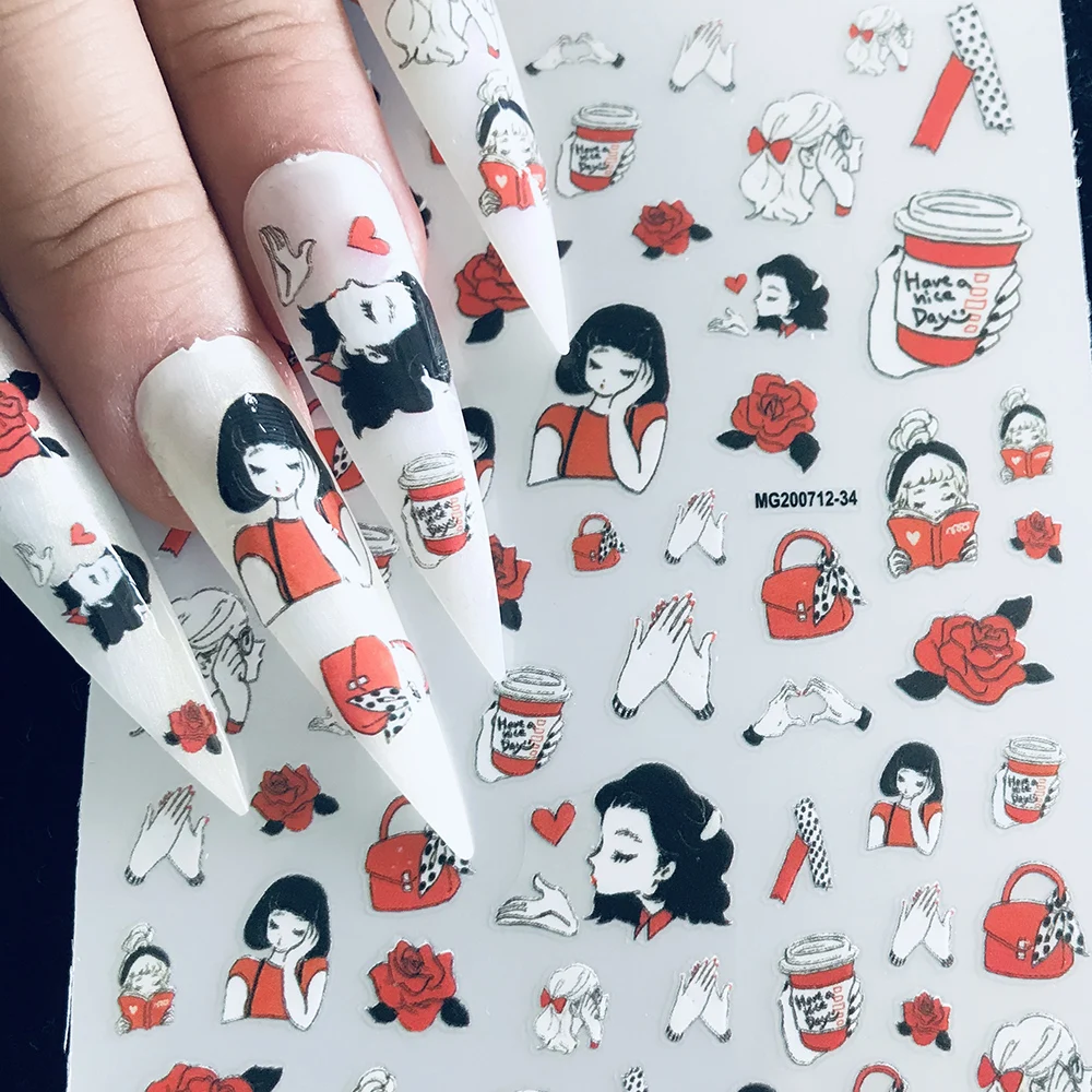 

2021 New 3D Self-Adhesive Bohemia Lovly Girl Red Flower Image Nails Stickers for Nails Sticker Decorations Manicure Z0475