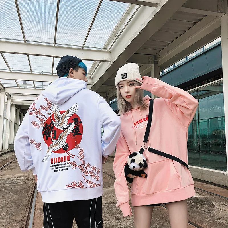 Толстовки Толстовка Хип Хоп Мужская китайская Harajuku уличная Толстовка кран цветочный принт осенний пуловер с капюшоном свободный WG502