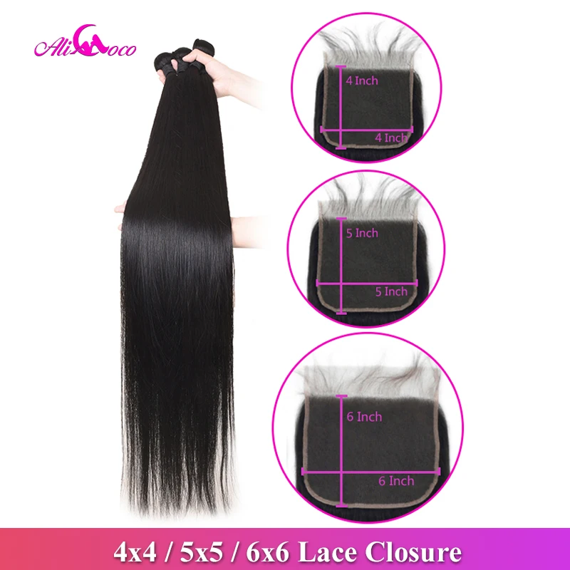 Baratos Paquetes de pelo lacio brasileño con cierre 30 pulgadas 32 34 36 38 40 pulgadas paquetes de cabello humano largo con cierre remy pelo Ali Coco