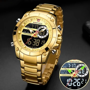 NAVIFORCE Men Military Sport Wrist Watch Gold Quartz Steel Waterproof Dual Display Male Clock Watches Relogio Masculino 9163 1