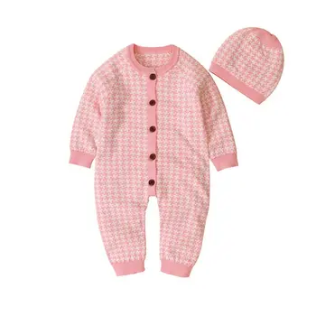 

Newborn Baby Knitted Clothes Cotton Autumn Winter Romper with Plaid Hat Outfits A2UB