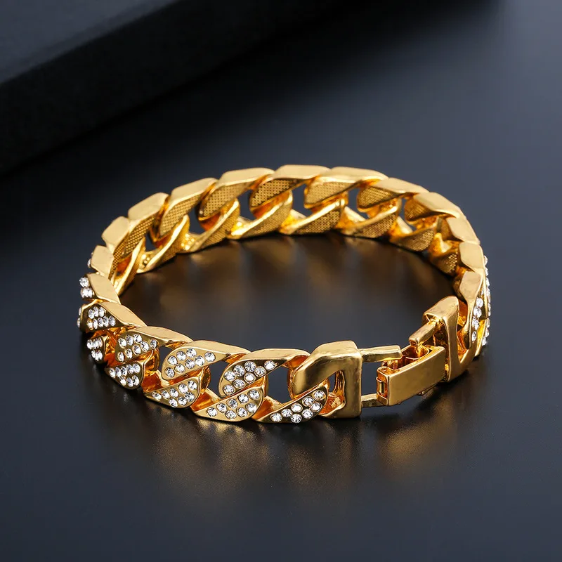 

1PCs Men's Bracelet Hip Hop Miami Cuban Link Iced Out Paved Rhinestones Male Female Wristband Street Jewelry Gold Silver Color